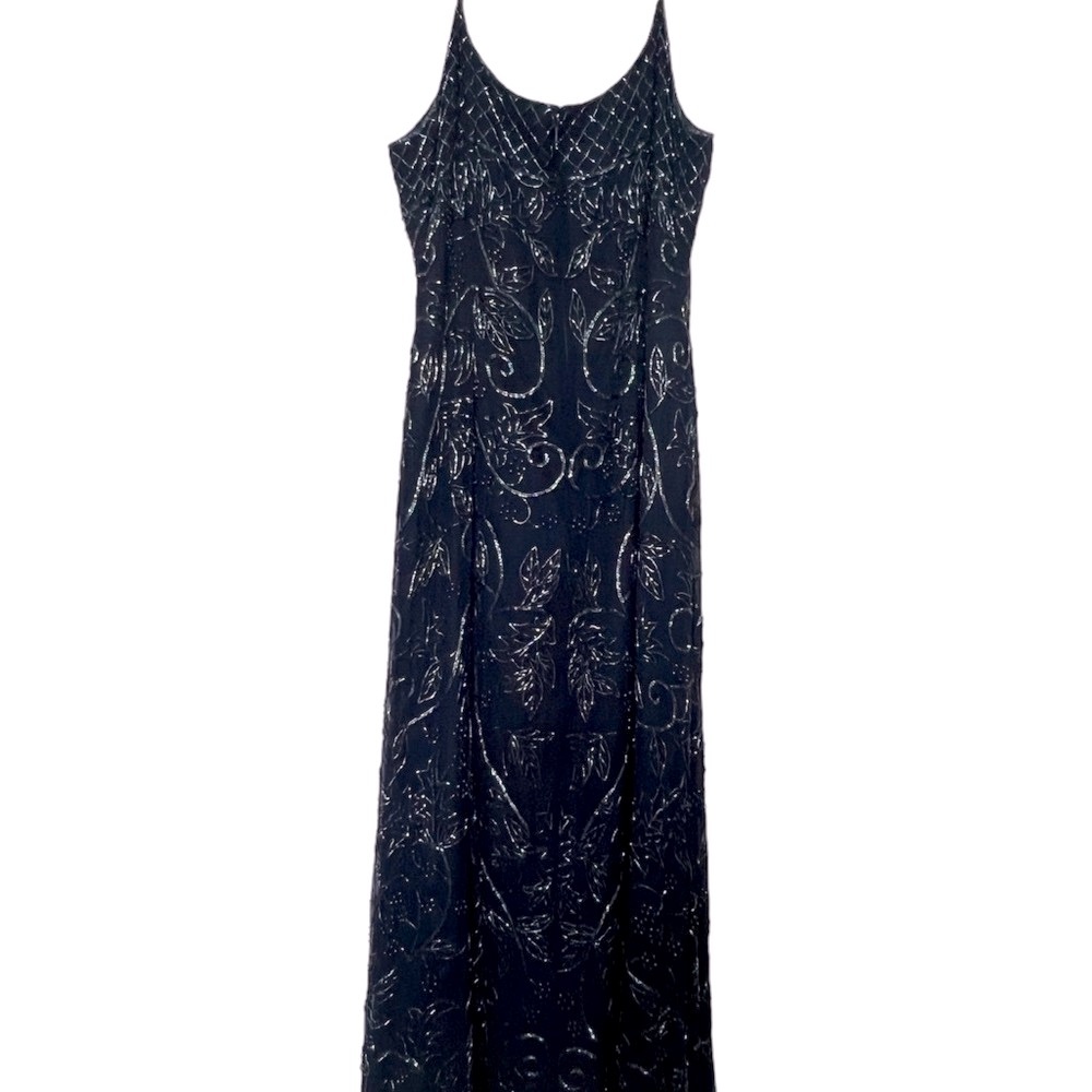 Scala 100% silk stunning Vintage beaded Navy Dress Women’s size‎ XL elegant chic